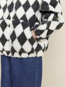 SHEIN Tween Boy Autumn/Winter Long Sleeve Checkerboard Zip-Up Sherpa Collar Pocket Windbreaker - Beige - View 3