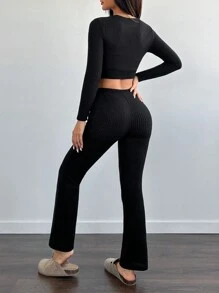 SHEIN PETITE 2 件套女式冬季休闲华夫格扭纹上衣 + 喇叭裤套装 - 黑色 - 查看 2