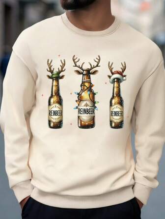 Men's Casual Fashionable Christmas Elements Cartoon Beer Mug, Snowflake, Cute Reindeer Antlers, Snowman Santa Hat Graphic Printed Pullover Sweatshirt