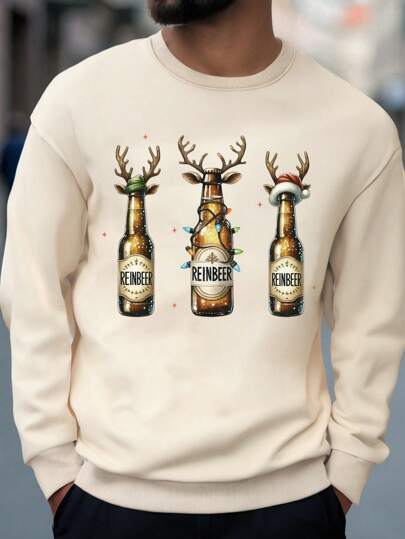 Herren legerer, modischer Weihnachtselemente Cartoon Bierkrug, Schneeflocke, süße Rentiergeweihe, Schneemann Weihnachtsmütze Grafik bedruckter Pullover
