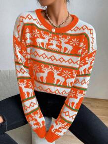 SHEIN LUNE Women's Casual Reindeer Pattern Round Neck Drop Shoulder Long Sleeve Sweater, Autumn/Winter Knit Pullover Fall - Burnt Orange - View 4