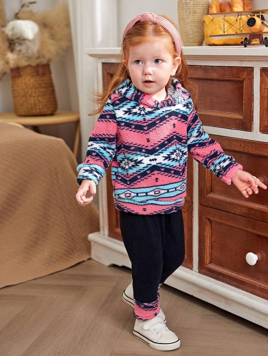 SHEIN Baby Girl Comfortable Warm Plush Retro Element Simple Leggings, Essential For Indoor And Outdoor Wear, Autumn/Winter - Multicolor - View 1