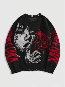 ROMWE MEN Grunge Punk Herren Pullover mit Spinnennetz Muster, Rundhalsausschnitt, Langarm, Lässig, Herbst/Winter