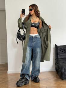 SHEIN EZwear 女士秋冬日常运动休闲工装褶饰军绿色长袖风衣 - 軍綠色 - 查看 8