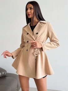 Firerie Trench-coat beige à col cranté pour femmes, manches longues, double boutonnage, avec une corsetière à la taille - Kaki - Voir 1