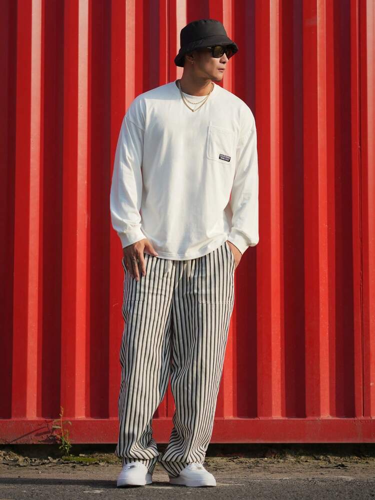 Men's Spring Autumn Drop Shoulder Loose Patchwork Pocket White T-Shirt And Striped Loose Straight Leg Pants Set
