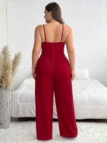 SHEIN Privé Plus Size Solid Color Spaghetti Strap Hollow-Out Minimalist Fitted Jumpsuit - Red - View 3