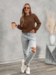 SHEIN LUNE 女士休闲露肩仿珍珠串珠套头毛衣 - 棕色 - 查看 6