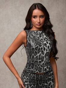 SHEIN BAE 女士无袖豹纹亮片装饰简约休闲背心 - 灰色 - 查看 1