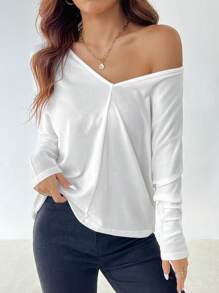 SHEIN PETITE Casual Simple Solid V Neck Batwing Sleeve Tee - White - View 1