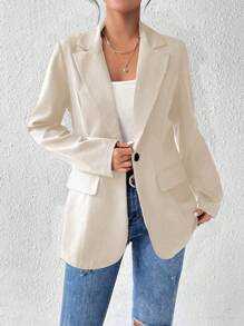 SHEIN PETITE 女士纯色前扣长袖翻领简约休闲西装外套