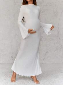 SHEIN Maternity Elegant Long Ball Gown, Black Color, Bell Sleeve, Bodycon Maxi Mermaid Dress For Pregnant Women