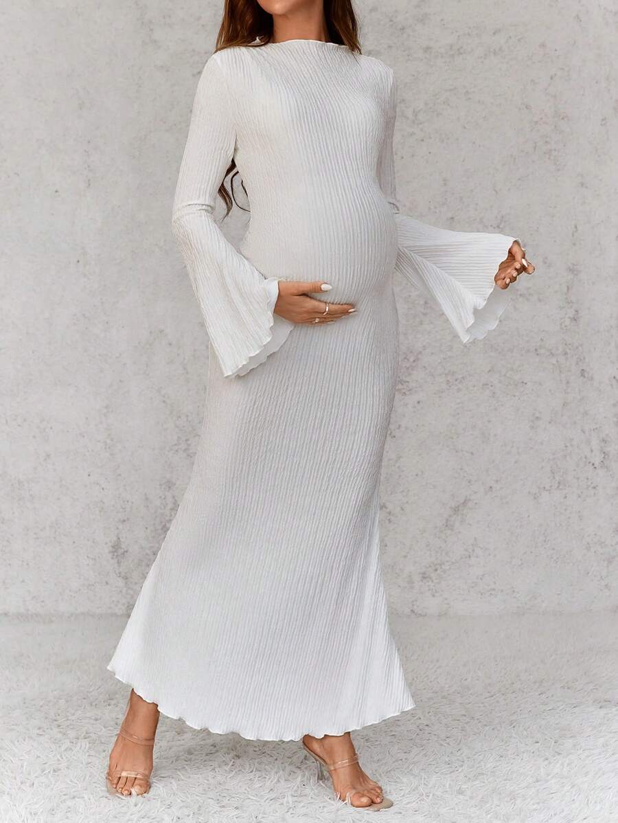 SHEIN Maternity Elegant Long Ball Gown, Black Color, Bell Sleeve, Bodycon Maxi Mermaid Dress For Pregnant Women