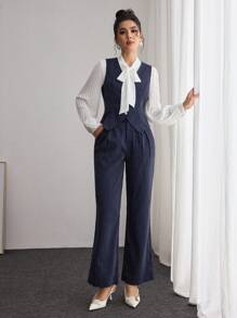 Modelyn 2 件套女士条纹背心和直筒裤优雅别致服装 2 件套 - 藏蓝色 - 查看 7