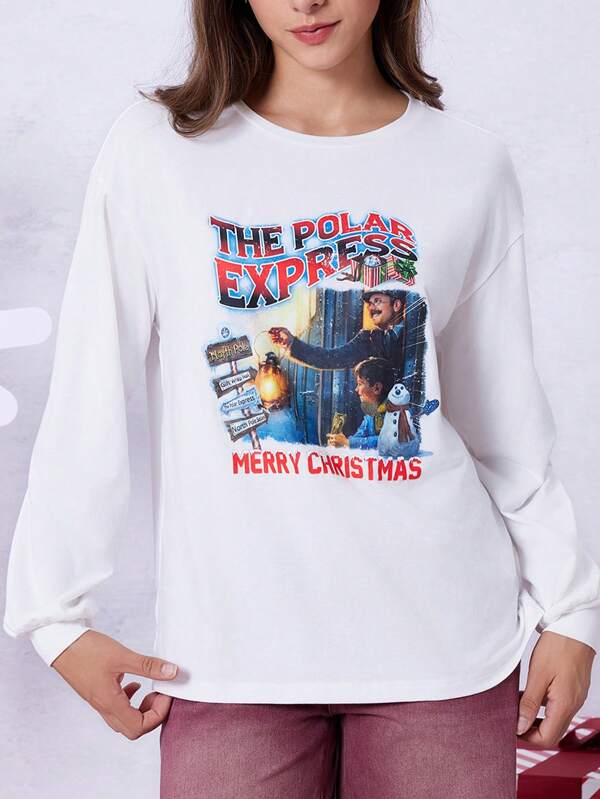 THE POLAR EXPRESS X SHEIN Women White Train Cartoon Print Long Sleeves Graphic T Shirt , For Christmas ,White Shirt Oversized T Shirt Women T Shirt Christmas Women Clothes