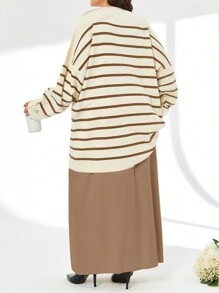 SHEIN Cottnline Striped Pattern Drop Shoulder Sweater & Knit Skirt - Brown - View 2