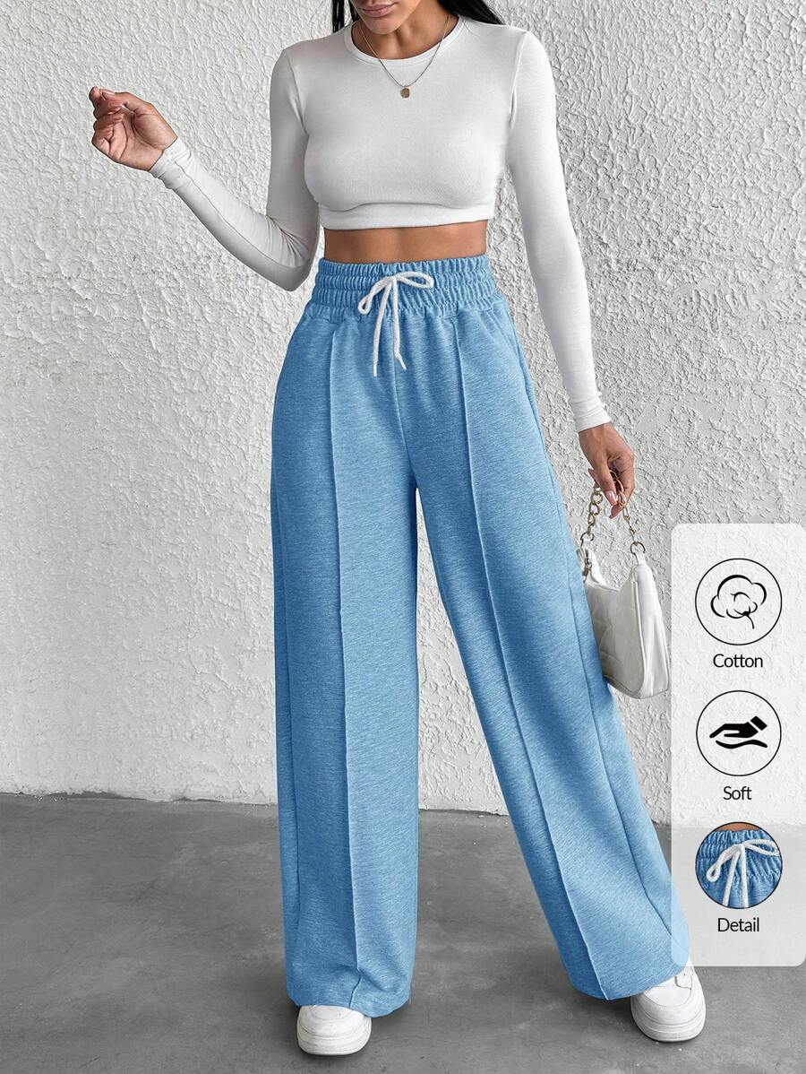 Cottnline Cotton Petite Drawstring Waist Wide Leg Pants - Baby Blue - View 1