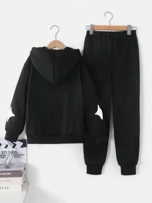 Conjunto de sudadera con capucha con estampado de letras, pantalones largos, para niños preadolescentes en otoño/invierno - Gris - Ver 2