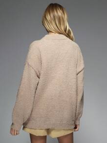 MISSGUIDED Teddy Bear Bomber Casual Cardigan Cozy Soft Outerwear Winter Loungewear Plush Fall Layering Jacket Knit Classic Essential Collection - Khaki - View 2