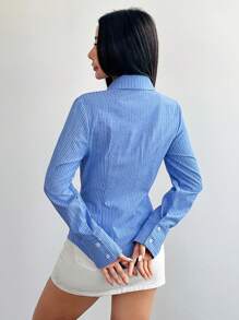 SHEIN Unity Áo sơ mi nữ kẻ sọc ôm vừa vặn thường ngày - Xanh và trắng - Xem 2
