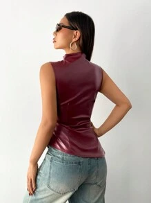 SHEIN PETITE Damen Lässig Mode 90er Jahre Street Shooting Frühling Herbst einfarbig Plissee Kragen PU Trägerhemd ärmellos Tops Ausgehen Tops Herbst Damen Tops