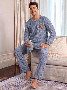 CoupledUp Cute Bear Embroidered Plush Long Sleeve & Pants Men Sleepwear Set - Baby Blue - View 2