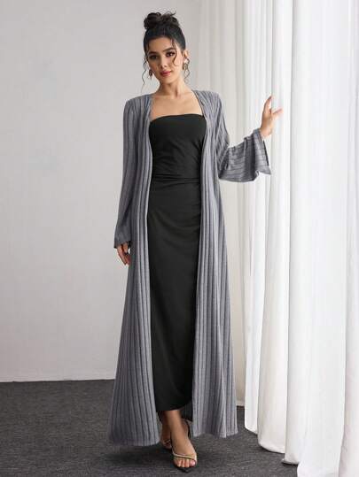 Modelyn Women 2pcs/Set Elegant Simple Solid Color Long Sleeve Cardigan And Bodycon Long Dress 2 Pieces Set Fall Cloth For Women