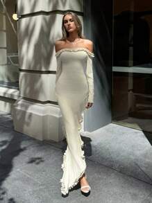 Aloruh 女士优雅新款浪漫秋冬派对不对称荷叶边露肩长袖修身荷叶边连衣裙