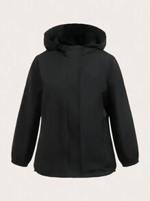 SHEIN EZwear 大码女装、冬季外套、纯色前拉链、冬季女装外套、长袖简约连帽夹克、二合一、三件套、休闲日常穿着