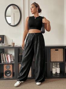 Elenzga Plus Size Plain Color Embossed Pocket Casual Loose Wide Leg Pants Graduation,Back To School,Teacher Outfits For Women Winter Fall Autumn - Black - View 6