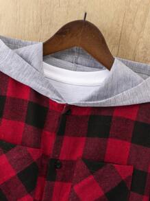 SHEIN Leap Crew 1 件 Tween Boy 休闲格子连帽衫宽松长袖衬衫，舒适适合学院、日常、郊游、学校、聚会，适合秋冬季、圣诞节，红色，黑色 - 紅色 - 查看 3