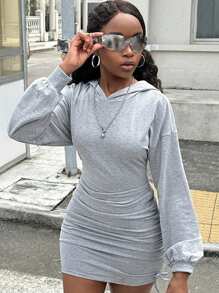 SHEIN 少女纯色褶饰修身连帽休闲针织连衣裙