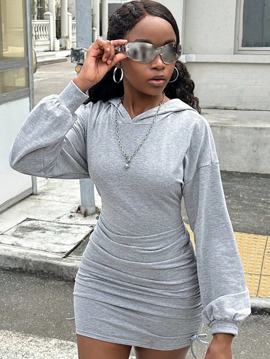 SHEIN 少女纯色褶饰修身连帽休闲针织连衣裙