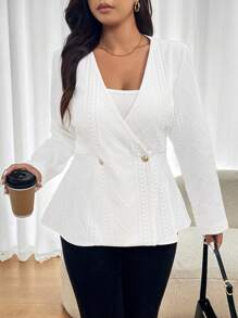SHEIN Frenchy Plus Size V-Neck Casual Jacket, Minimalist And Fashionable For Everyday Wear Fall/Winter - White - View 3