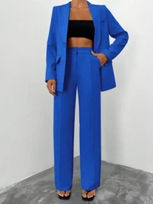 EURMUSE 2pcs Pure Color Women's Suit Blazer With Stand Collar - Royal Blue - View 1