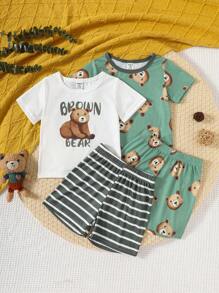 SHEIN Conjunto de 2 piezas para bebé niño con camiseta de manga corta y pantalones cortos, cómodo y duradero, con estampado gráfico lindo, ajuste relajado con cuello redondo en la camiseta y cintura con cordón en los pantalones, adecuado para primavera/verano - Multicolor - Ver 8