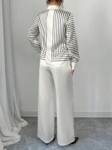 SHEIN Unity 2pcs Set: Casual Color Block Striped Long Sleeve Shirt And Solid Color Pants, Autumn - Black - View 2