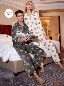CoupledUp Conjunto de pijama para hombre de manga larga con estampado de oso y pantalones, con cuello abierto y de felpa