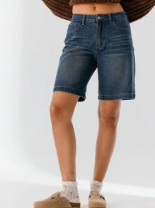 Aralina Mid Rise Loose Fit Casual Denim Bermuda Jorts - Medium Wash - View 4