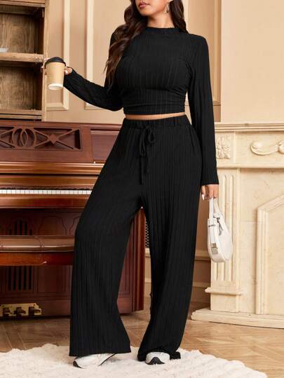SHEIN EZwear Plus Size Casual Solid Color Long Sleeve Top And Long Pants 2 Pieces Set, Autumn/Winter