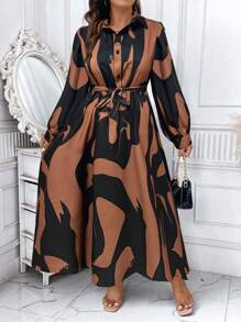 SHEIN Unity 大码女式全印花长袖长款休闲衬衫裙，秋季长款女装