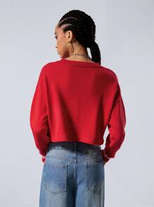 Coolane Women's Fall/Winter Basic Number Printed Keep Warm Red Round Neck Long Sleeve Crop Sweater