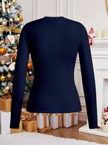 SHEIN Clasi Świąteczna, swobodna koszulka z nadrukiem Świętego Mikołaja i renifera, okrągły dekolt, długi rękaw, jesień/zima