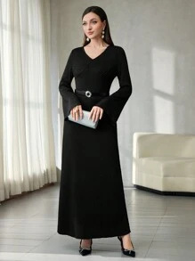 Modelyn Vestido ajustado de midi/largo con mangas acampanadas en punto texturizado negro para mujer, vestido largo de noche para mujer - Negro - Ver 7