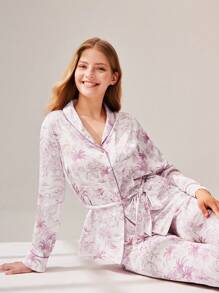 LUVLETTE Bộ đồ ngủ nữ mùa thu đông thiết yếu cho đám cưới cơ bản in satin cài nút buộc eo và quần dài, đồ ngủ nữ, bộ đồ ngủ mặc nhà, đồ lót cô dâu, đồ lót ấm cúng và thanh lịch, đồ ngủ mùa thu - Bụi hồng - Xem 6