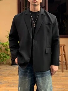 DAZY 1 件男士休闲纯色翻领夹克，秋季服装 - 黑色 - 查看 8