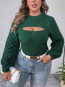 Elenzga Suéter de mujer de talla grande con manga farol, corte con abertura frontal, punto calado y nervado, para invierno