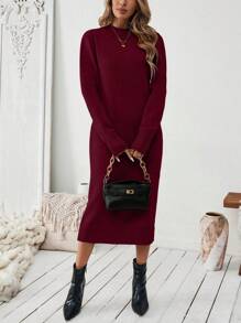 EMERY ROSE Women Solid Color Casual Simple Knitted Sweater Dress For Autumn/Winter Fall Cloth For Women - Burgundy - View 5