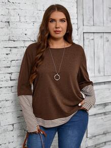 EMERY ROSE 大码女式纯色条纹拼布圆领宽松休闲长袖 T 恤，秋季女装，女式冬装 - 棕色 - 查看 5