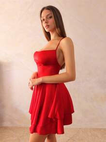 SHEIN BAE Rotes Minikleid aus Satin mit Riemchen und rückenfreiem Bindeband und Rüschensaum für Damen, geeignet für Brautjungfern, Hochzeitsgäste, Mädchenpartys, Cocktailpartys, Weihnachtsfeiern, Off-Shoulder - Rot - Übersicht 6
